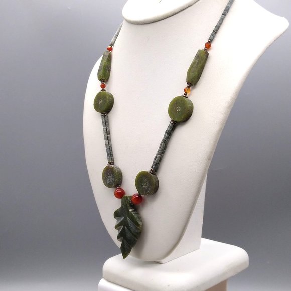 Vintage Carved Jade Heishi Bead Necklace with Leaf Pendant and Disc Stations - Picture 1 of 5